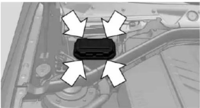 Mechanical component with four white arrows pointing outward from a central black connector (no text or symbols visible)