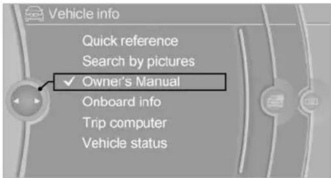 Vehicle info Quick reference Search by pictures ✓ Owner's Manual Onboard info Trip computer Vehicle status