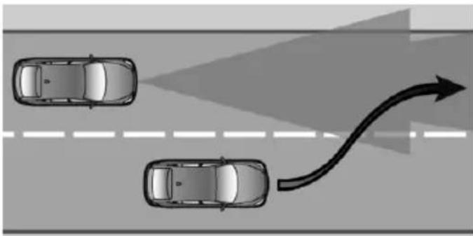 Top-down diagram of two cars on a road with an arrow indicating direction (no text or symbols)