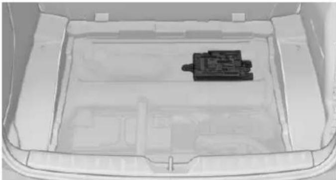 Top-down view of a car trunk with internal compartments and a small black plastic component (no text or symbols visible)