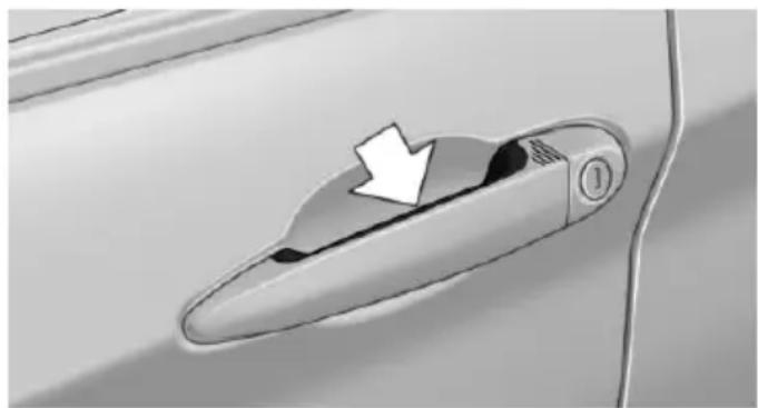 Close-up of a car door handle with a white arrow pointing to the interior (no text or symbols visible)