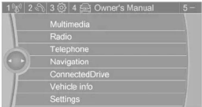 1 2 3 4 Owner's Manual 5 - Multimedia Radio Telephone Navigation ConnectedDrive Vehicle info Settings