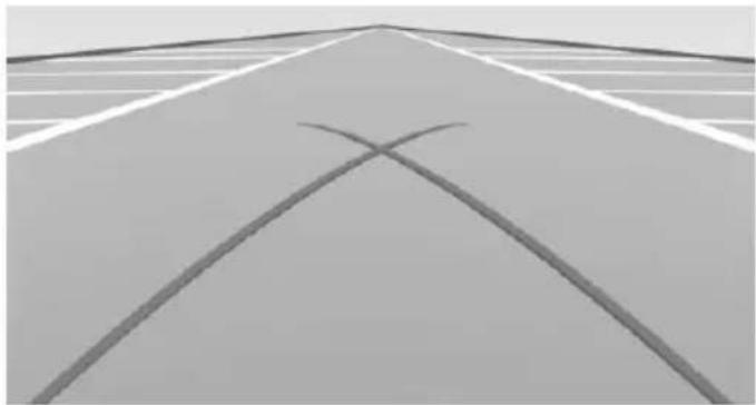Exterior view of a road with two curved lane markings (no text or symbols)