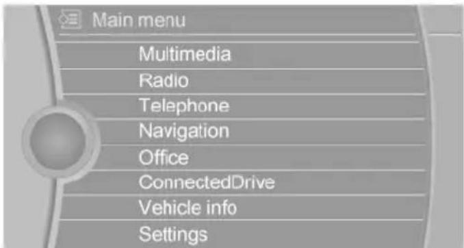 Main menu Multimedia Radio Telephone Navigation Office ConnectedDrive Vehicle info Settings