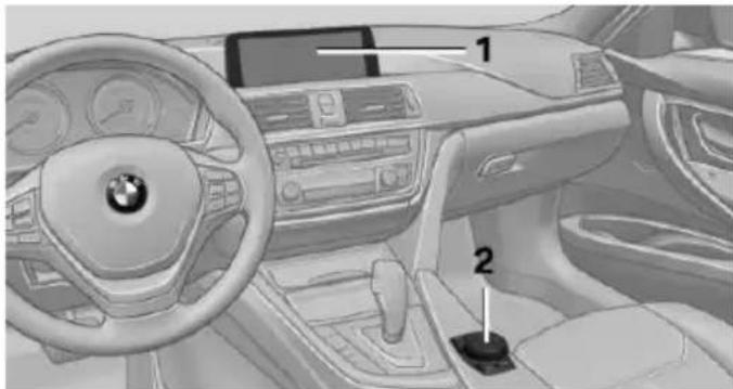 Interior view of a BMW car dashboard and steering wheel (no visible text or symbols)