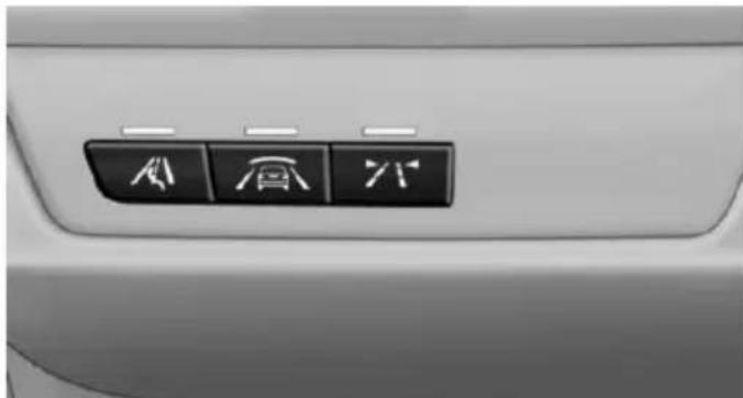 Close-up of a car's front panel showing three directional icons: airplane, train, and bicycle (no text or labels visible)