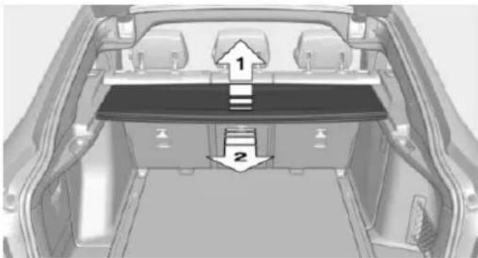 Top-down view of a car trunk with internal compartments and structural elements (no text or symbols)
