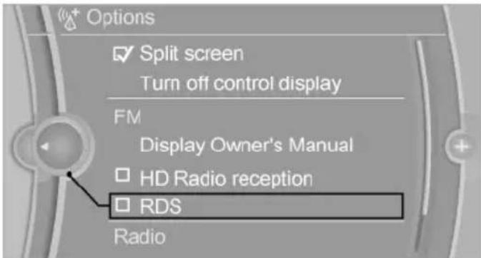 Options ✓ Split screen Turn off control display FM Display Owner's Manual ☐ HD Radio reception ☐ RDS Radio
