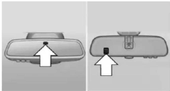 Two grayscale images showing a car rearview mirror with an upward arrow indicator (no text or symbols)