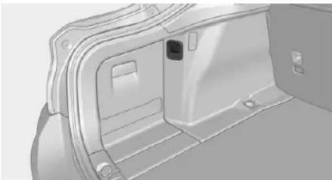 3D rendering of a car rear panel showing internal compartments and mounting holes (no text or symbols)