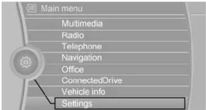 Main menu Multimedia Radio Telephone Navigation Office ConnectedDrive Vehicle info Settings