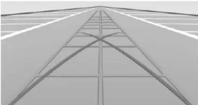 Architectural perspective view of a modern building facade with diagonal grid lines and horizontal beams (no text or symbols)