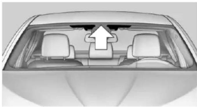 Top-down view of a car showing the rearview and front seats with an upward arrow indicating motion (no text or symbols)