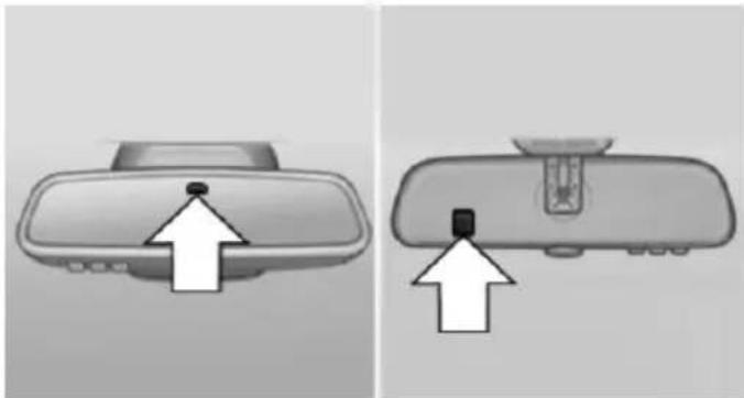 Two grayscale images showing a car rearview mirror with an upward arrow indicator (no text or symbols)