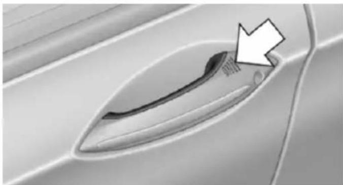 Close-up of a car door handle with a white arrow pointing to a small object on the side (no text or symbols visible)