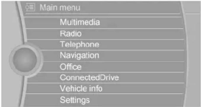 Main menu Multimedia Radio Telephone Navigation Office ConnectedDrive Vehicle info Settings