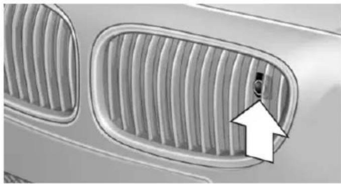 Close-up of a car's front grille with a white arrow pointing to a small circular detail (no text or symbols)