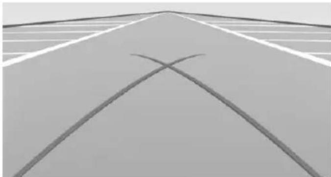 Exterior view of a road with two intersecting diagonal lines forming an X shape (no text or symbols)