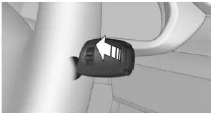 3D rendered view of a car's side mirror with a white arrow pointing to the side (no text or symbols)