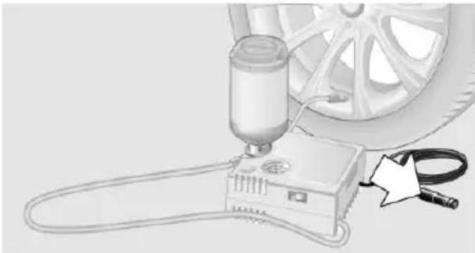 Illustration of a car tire testing setup with a sensor and cable (no text or symbols)