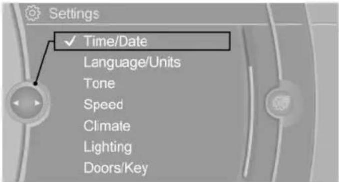 Settings ✓ Time/Date Language/Units Tone Speed Climate Lighting Doors/Key