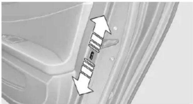 Close-up of a car door panel with directional arrows indicating movement or force (no text or symbols)