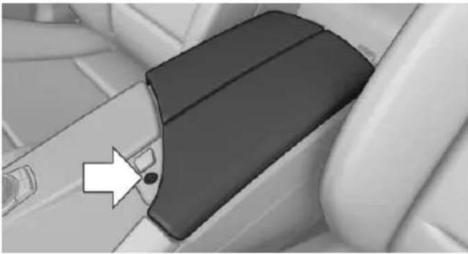 Close-up of a car seatbelt buckle with a white arrow pointing to the side panel (no text or symbols visible)
