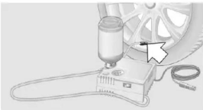 Illustration of a car tire testing setup with a sensor and cable (no text or symbols)