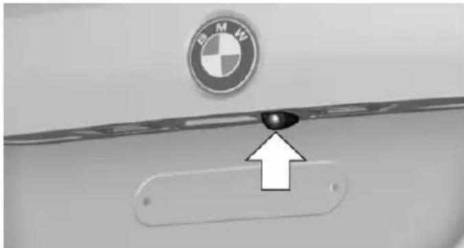 Close-up of a BMW logo mounted on a door panel, with an arrow pointing to a button (no text or symbols visible)