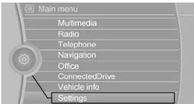 Main menu Multimedia Radio Telephone Navigation Office ConnectedDrive Vehicle info Settings