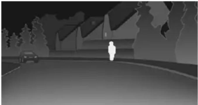 Silhouette of a person standing on a road with a car and trees in the background (no text or symbols)
