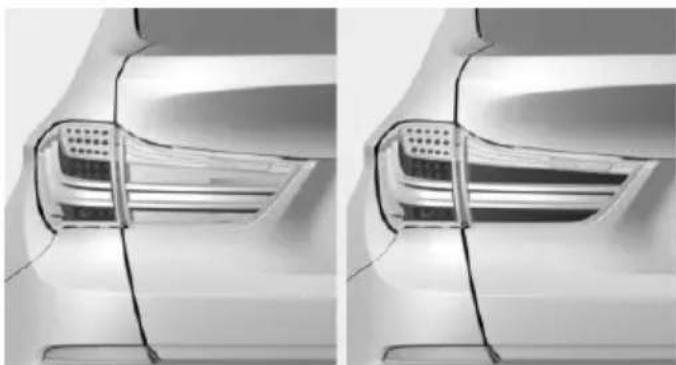 Side-by-side comparison of a white car's rear side showing the front and side profiles (no text or symbols visible)