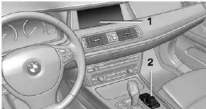 Interior view of a BMW car dashboard with labeled parts including steering wheel, dashboard controls, and key buttons