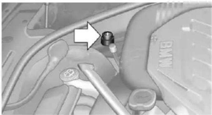 Close-up of a car engine bay with a highlighted component and an arrow pointing to it (no visible text or symbols)