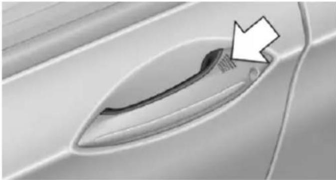 Close-up of a car door handle with a white arrow pointing to a small object on the side (no text or symbols visible)