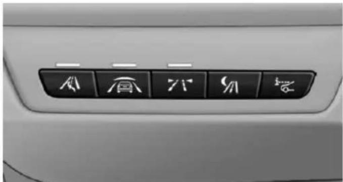 Close-up of a car's front panel with six directional icons (car, roof, window, trunk, hand) on the right side (no text or symbols beyond icons)
