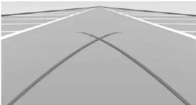 Exterior view of a road with two intersecting diagonal lines forming an X shape (no text or symbols)