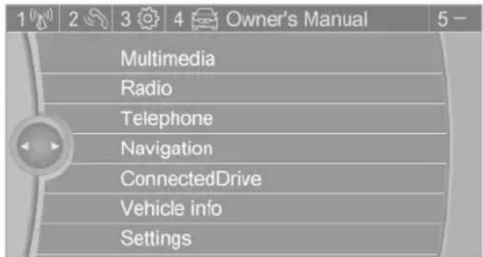 1 2 3 4 Owner's Manual 5 - Multimedia Radio Telephone Navigation ConnectedDrive Vehicle info Settings