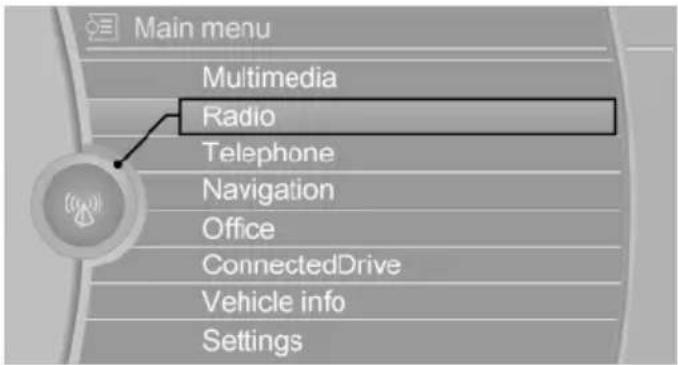 Main menu Multimedia Radio Telephone Navigation Office ConnectedDrive Vehicle info Settings