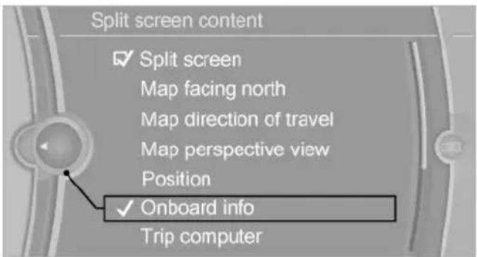 Split screen content ✓ Split screen Map facing north Map direction of travel Map perspective view Position ✓ Onboard info Trip computer