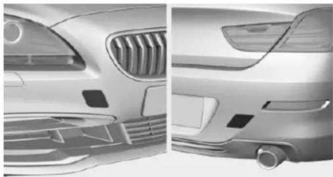 Side-by-side technical illustration of a car's front and rear views, showing grille, grille, and exhaust components (no text or symbols)