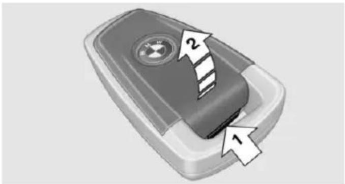 Diagram of a car door key with labeled parts 1 and 2, showing a circular dial indicator.
