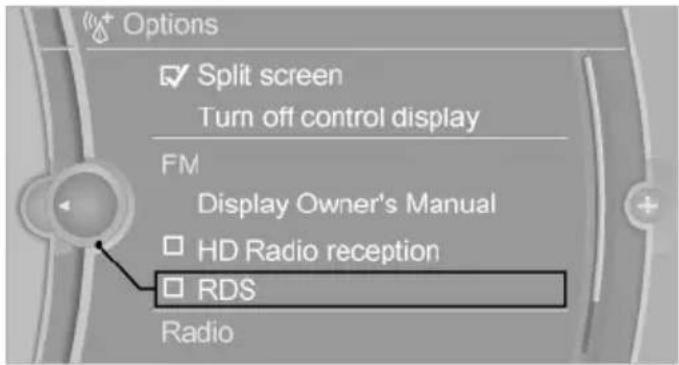 Options ✓ Split screen Turn off control display FM Display Owner's Manual ☐ HD Radio reception ☐ RDS Radio