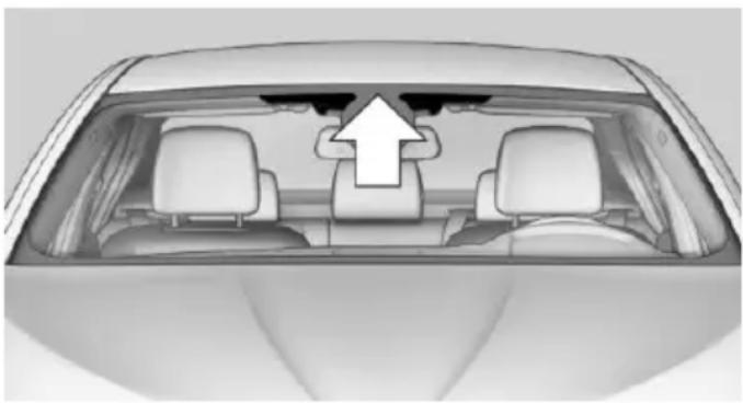 Top-down view of a car showing the rearview and front seats with a white arrow pointing upward (no text or symbols)