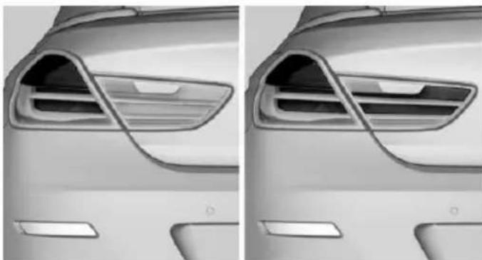 Side-by-side comparison of a car's rearview and side profile, showing the front and rear angles (no text or symbols)