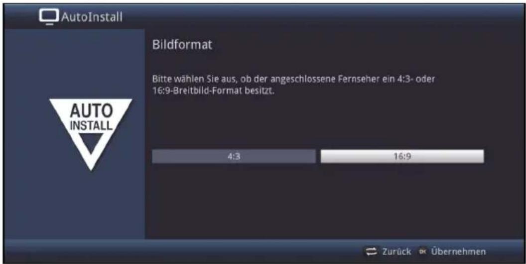 AutoInstall Bildformat Bitte wählen Sie aus, ob der angeschlossene Fernseher ein 4:3- oder 16:9-Breitbild-Format besitzt. 4:3 16:9 Zurück € Übernehmen