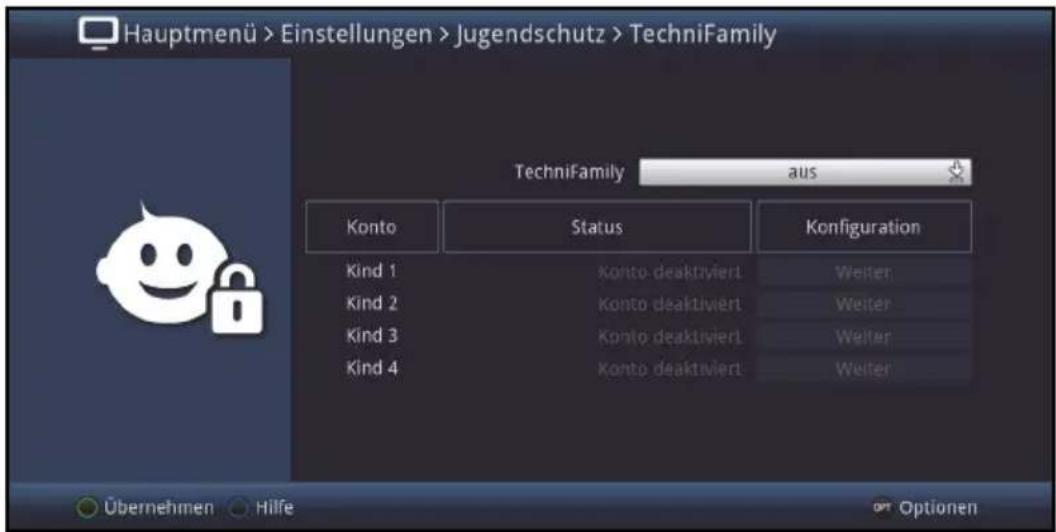 Hauptmenü > Einstellungen > Jugendschutz > TechniFamily TechniFamily aus Konto Status Konfiguration Kind 1 Konto deaktiviert Weiter Kind 2 Konto deaktiviert Weiter Kind 3 Konto deaktiviert Weiter Kind 4 Konto deaktiviert Weiter Übernehmen Hilfe Optionen