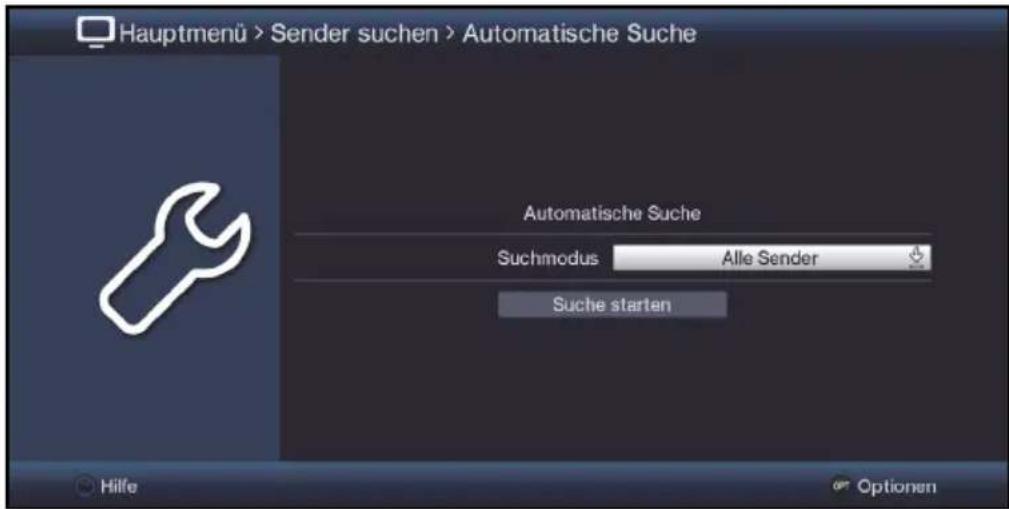 Hauptmenü > Sender suchen > Automatische Suche Automatische Suche Suchmodus Alle Sender Suche starten Hilfe Optionen
