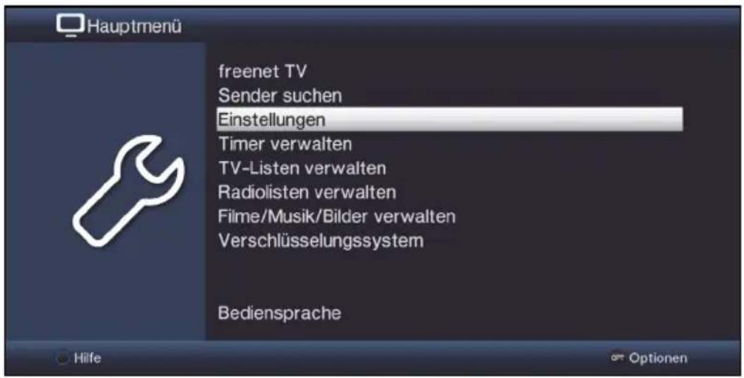 Hauptmenü freenet TV Sender suchen Einstellungen Timer verwalten TV-Listen verwalten Radiolisten verwalten Filme/Musik/Bilder verwalten Verschlüsselungssystem Bediensprache Hilfe Optionen