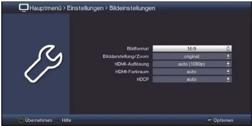 Hauptmenü > Einstellungen > Bildeinstellungen Bildformat 16:9 Bilddarstellung/Zoom original HDMI-Auflösung auto (1080p) HDMI-Farbraum auto HDCP auto Übernehmen Hilfe Optionen